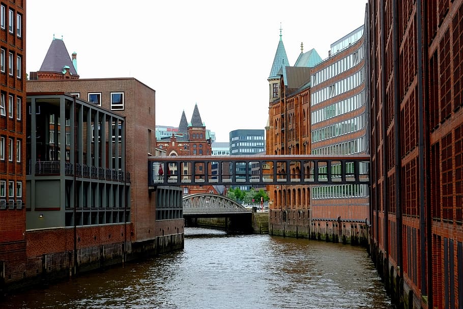 Hamburg, Channel, Building, speicherstadt, water, architecture, brick, bridge, harbour city, homes