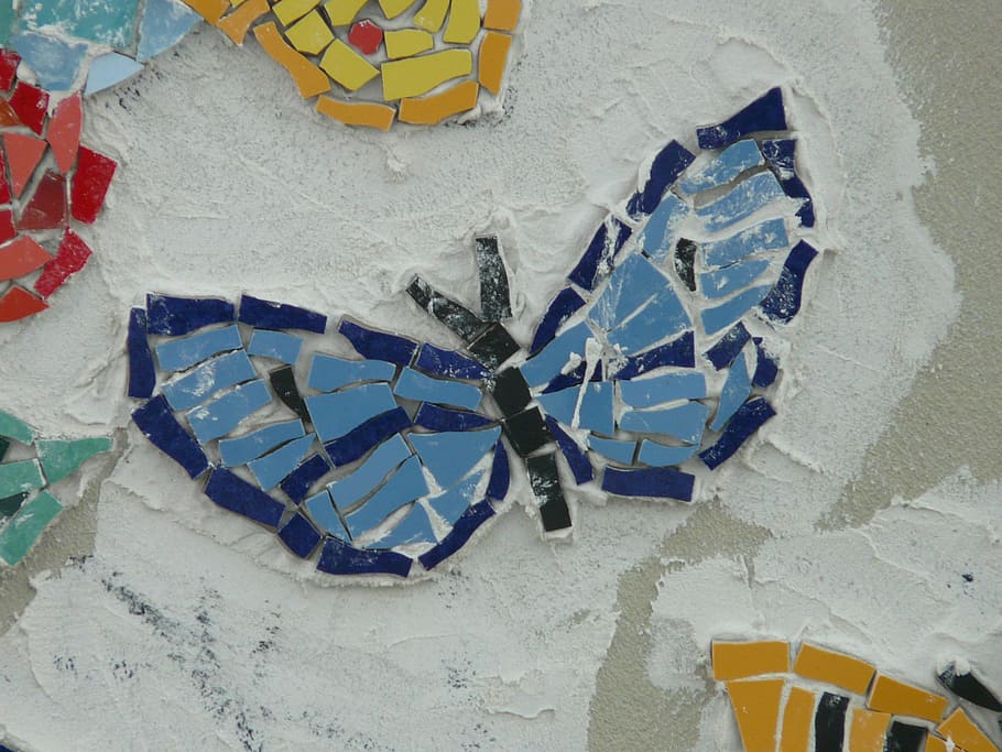 Kupu-kupu, Mosaik, Warna-warni, biru, menggerumit, membangun, seni, dekorasi, mural, dekoratif
