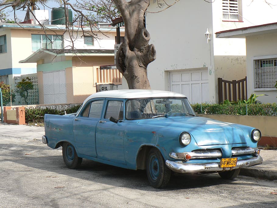 Kuba, rattletrap, mobil, kendaraan, lalu lintas, kecelakaan, mobil tua, biru, struktur yang dibangun, Kendaraan bermotor