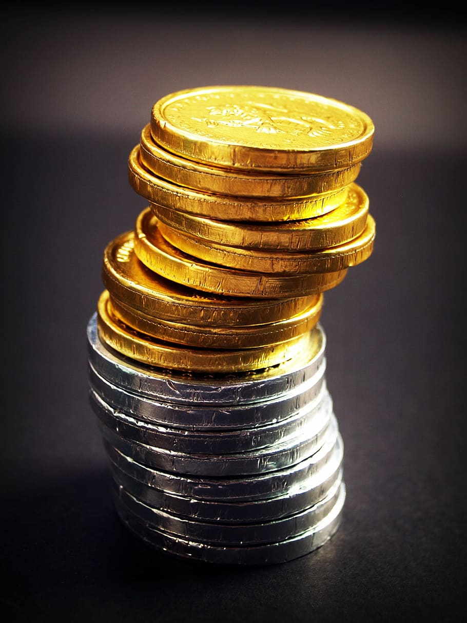 pile, round gold-colored, silver-colored coins, coin, gold, cash, isolated, tower, economy, rate