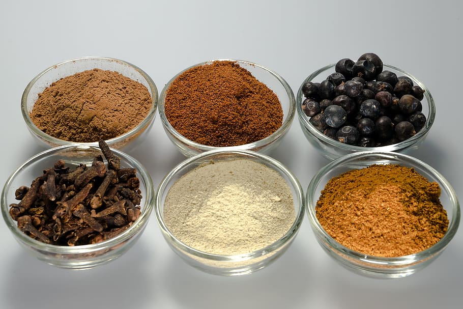 six, assorted-varieties, powders, bowls, Spices, White Pepper, Nutmeg, Cloves, food, seasoning