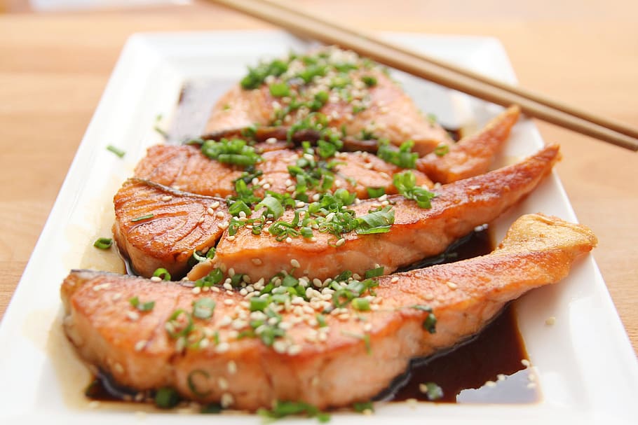 macro photography, grilled, tuna, soy sauce, food, salmon, teriyaki, cooking, food and drink, seafood
