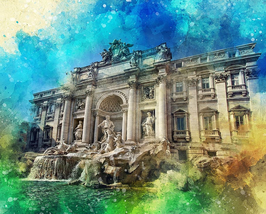 gray, concrete, building painting, trevi, fountain, rome, italy, tourism, sculpture, marble