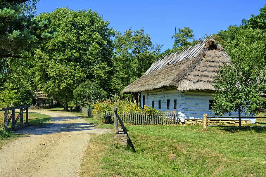 white, house, dirt road photo, sanok, open air museum, rural cottage, wooden balls, the roof of the, poland, old