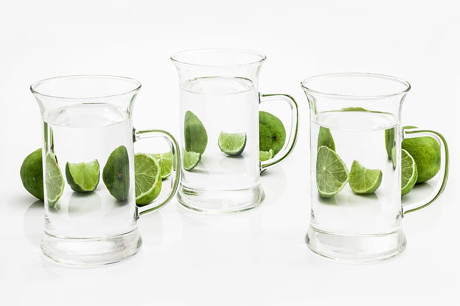three, clear, glass mugs, slice lime fruit, glass, drink, water, liquid, distortion, diffraction