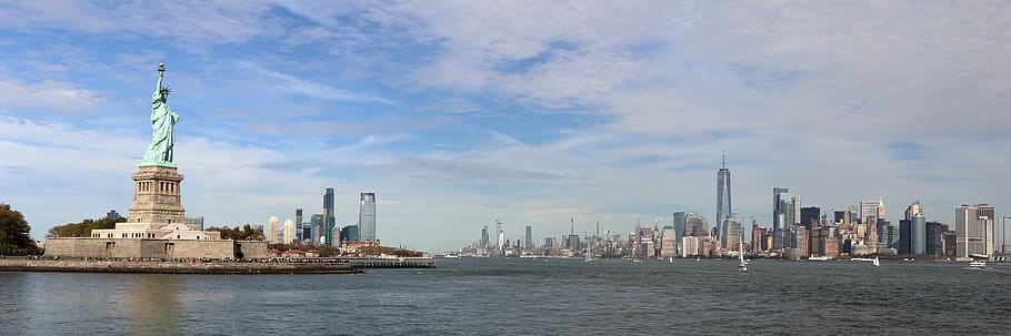 usa, new york, manhattan, skyscrapers, downtown, the statue of liberty, panoramic, banner, architecture, built structure