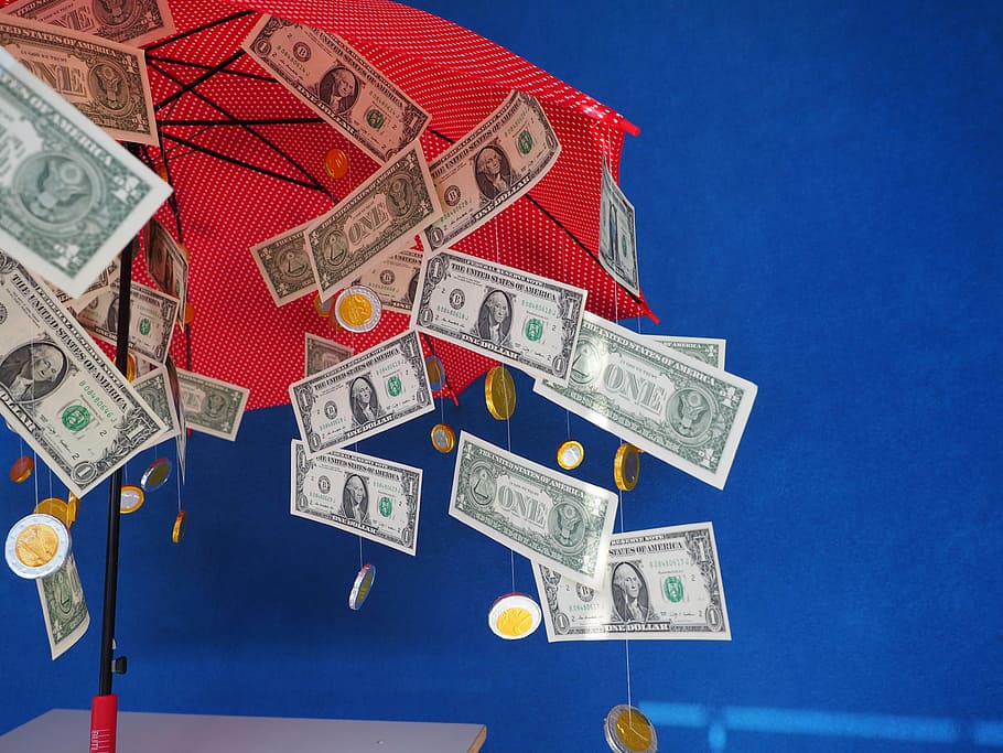 gift, money rain, dollar rain, umbrella, gift ideas, coins, seem, specie, money, currency