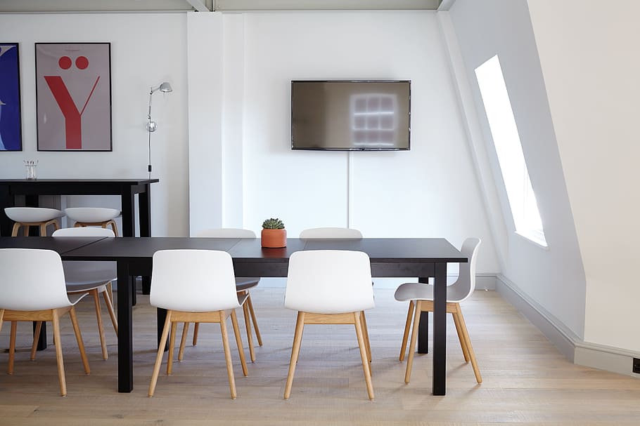 rectangular, black, wooden, dining table, white, chairs, interior, design, tables, wall