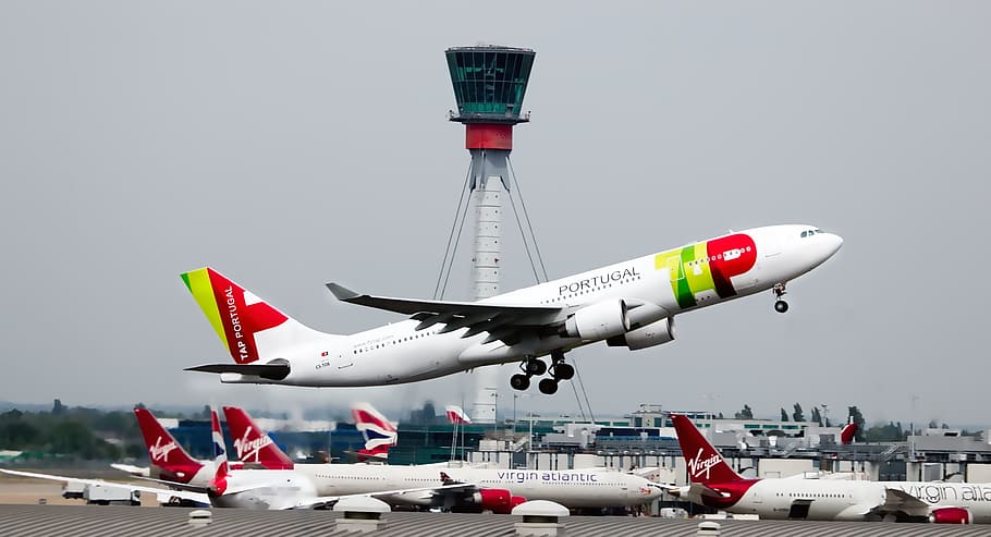putih, merah, pesawat terbang, siang hari, portugal, maskapai penerbangan, liburan, pesawat, pariwisata, udara