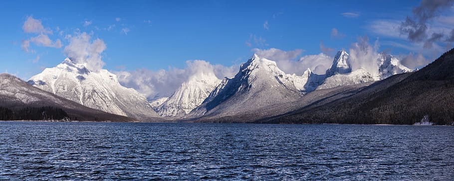 gris, montañas, azul, sjy, lago mcdonald, paisaje, escénico, agua, parque nacional glacier, montana