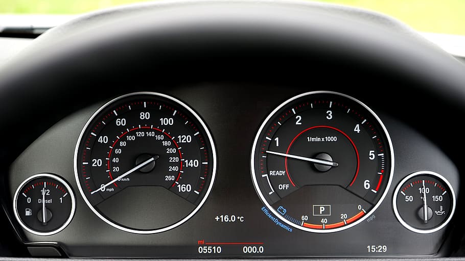black, white, speedometer, close-up, dashboard, tachometer, mode of transportation, control panel, transportation, vehicle interior