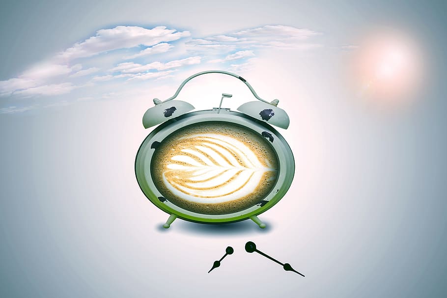 tumbler hijau, jam alarm, kopi, jam alarm kopi, cappuccino, penunjuk murtad, coffee break, minuman kopi, selamat pagi, espresso