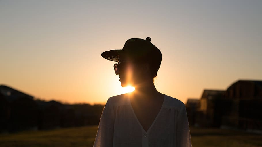 people, woma, girl, female, clothing, hat, cap, outdoor, landscape, sunset