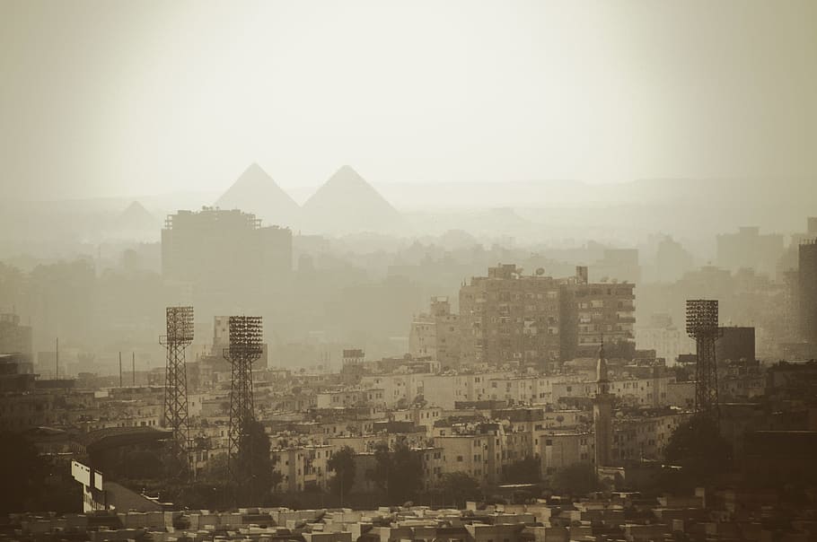 aerial, photograph, city tower, kairo, city, pyramids, egypt, view, smog, pollution