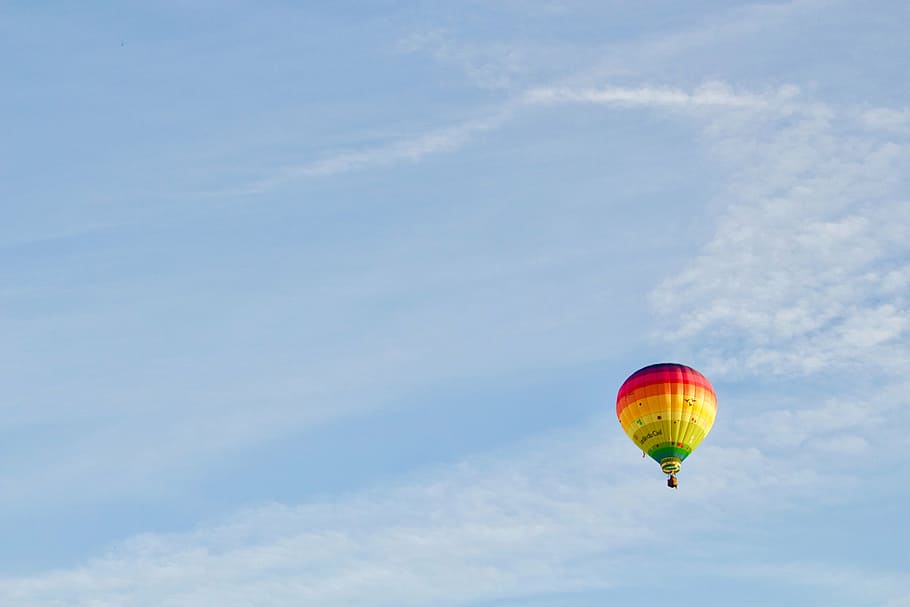 naranja, amarillo, verde, caliente, globo aerostático, volador, cielo, durante el día, aire, globo