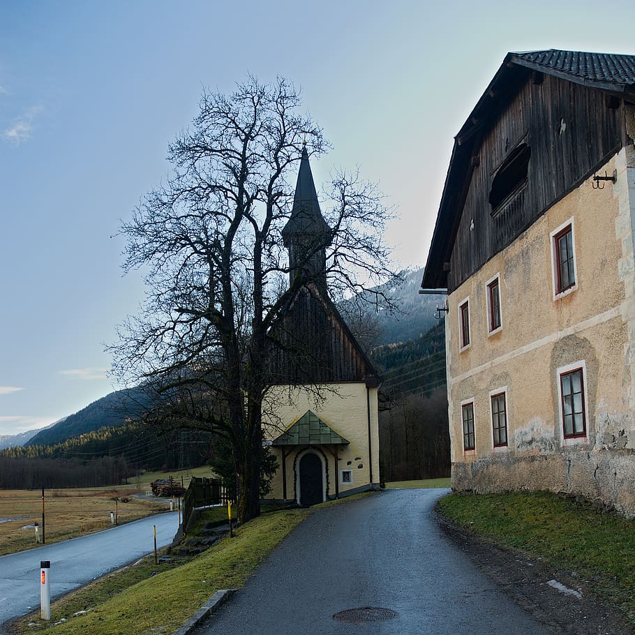 dawn, morning, chapel, goderschach, austria, alps, landscape, village, winter, house