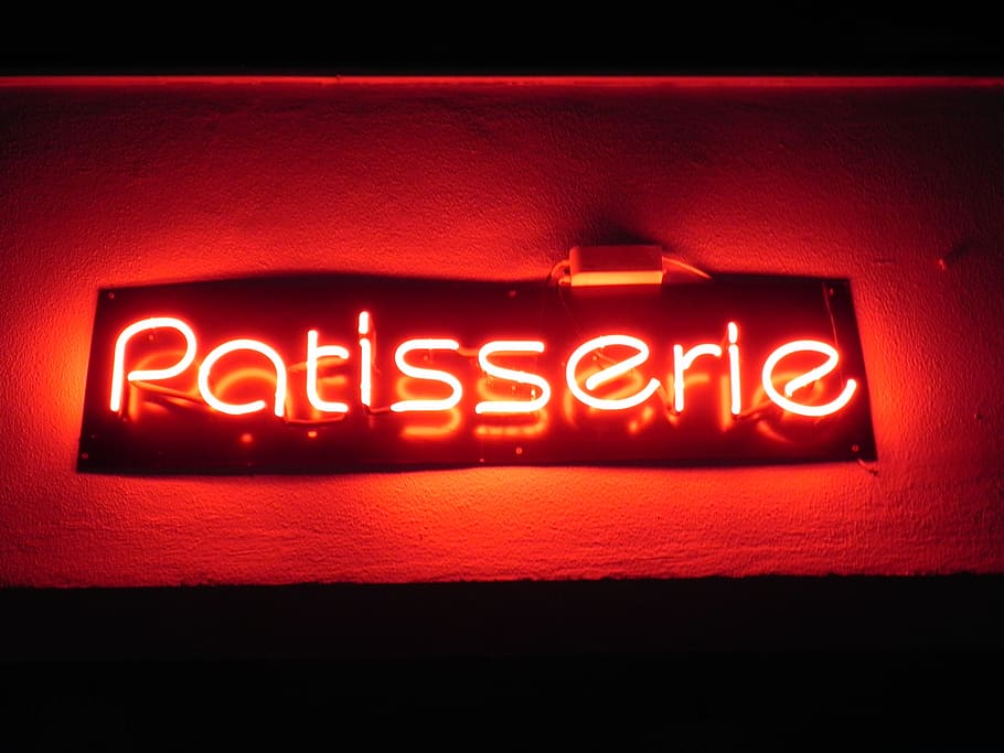 signage yang dipimpin patisserie, toko kue, tanda, neon, merah, sweetshop, toko, permen, kue, Perancis