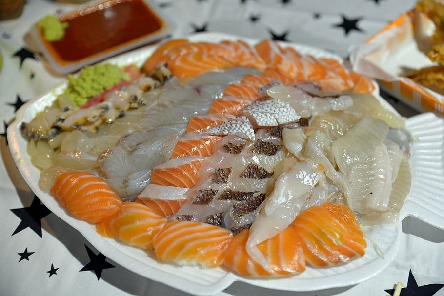 mentah, ikan, piring, makanan, sashimi, waktu, foto makanan, lezat, wasabi, berbagai macam waktu