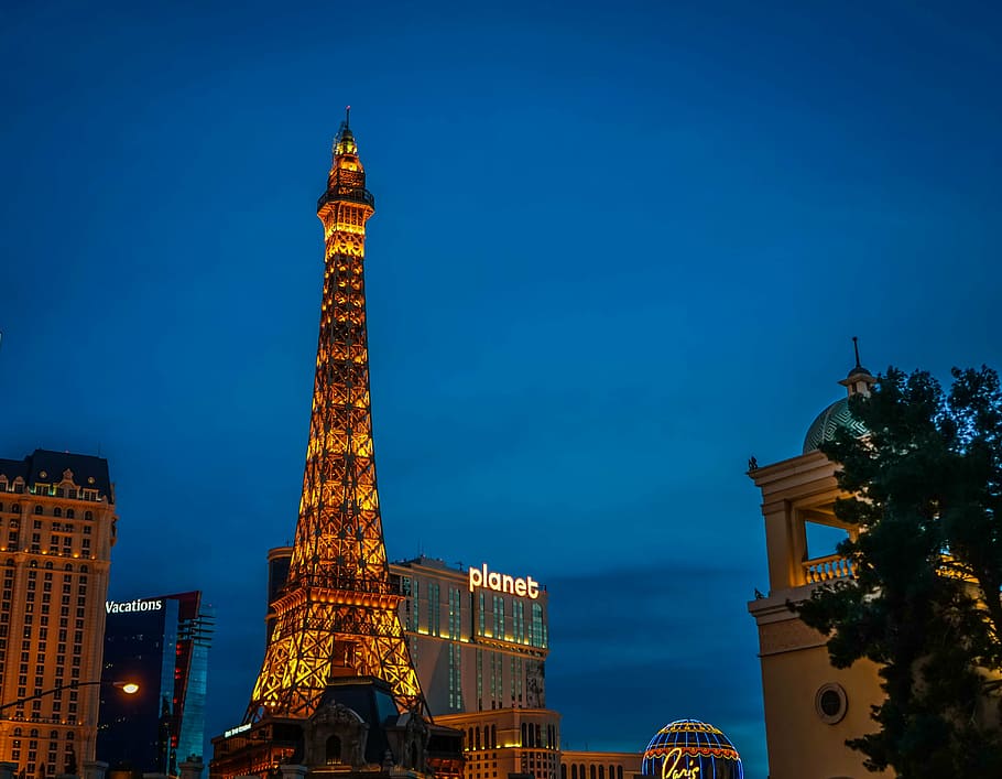 las vegas, eiffel tower, paris, lights, night, famous, casino, nevada, architecture, fun