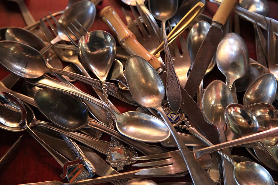 cutlery, silver, silverware, teaspoon, panel cutlery, cutlery set, silver spoon, shiny, antique, polished