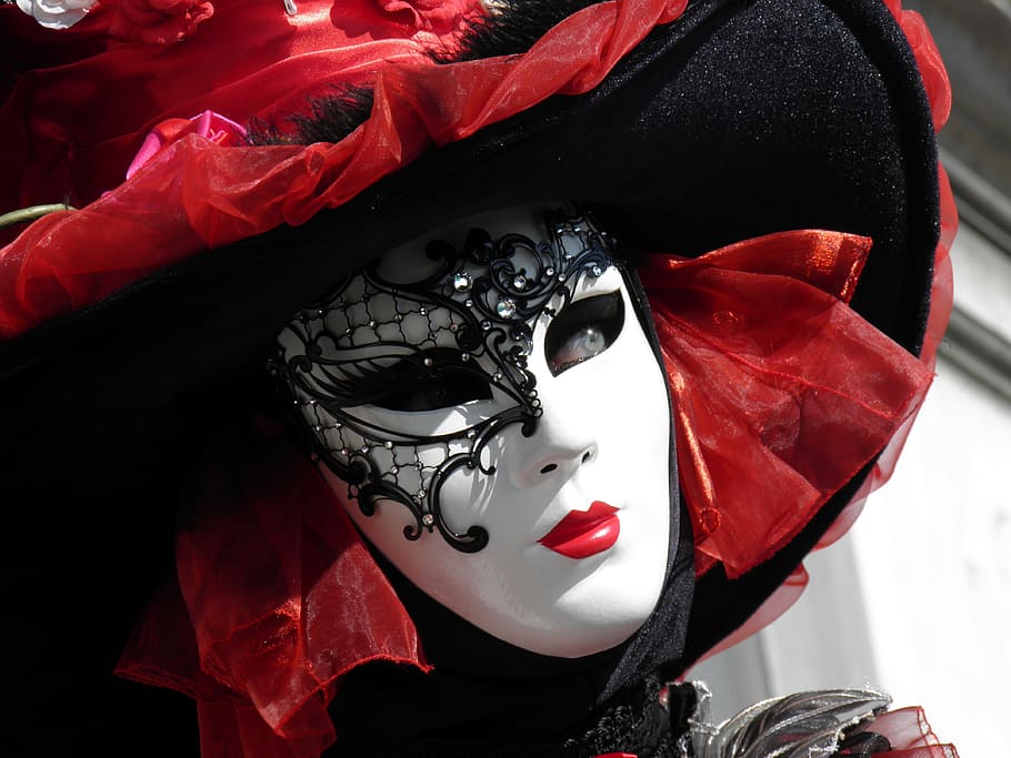 woman, wearing, white, black, mask, venice, red, carnival, italy, carnival of venice