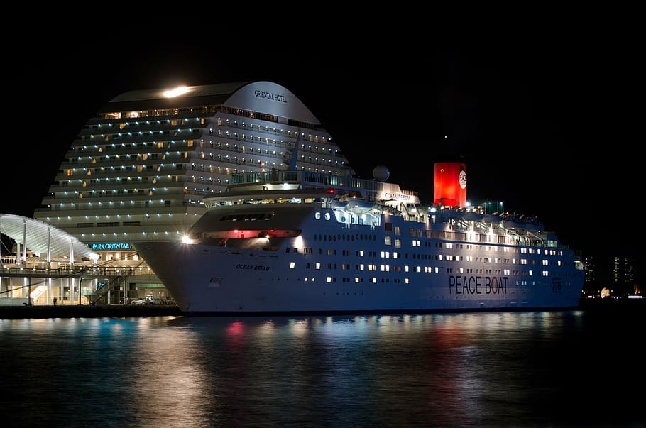 white, peace boat cruise ship, cruise ship, night, japan, kobe, asia, architecture, view, cityscape