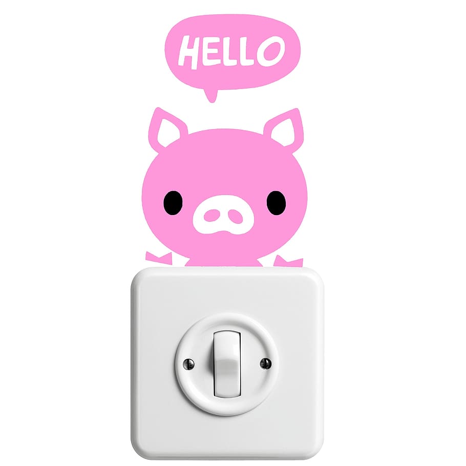adesivo, porco, olá, interruptor de luz, engraçado, fundo branco, dentro de casa, cor de rosa, comunicação, tiro do estúdio