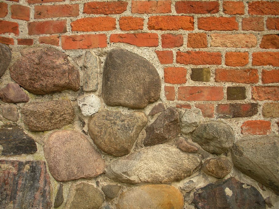 orange, brown, brick wall, stone cladding, medieval castle, detail, stone foundation, brick masonry, architecture, history