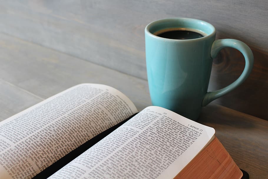 teal, ceramic, mug, white, book, bible, study, coffee, cup, religion