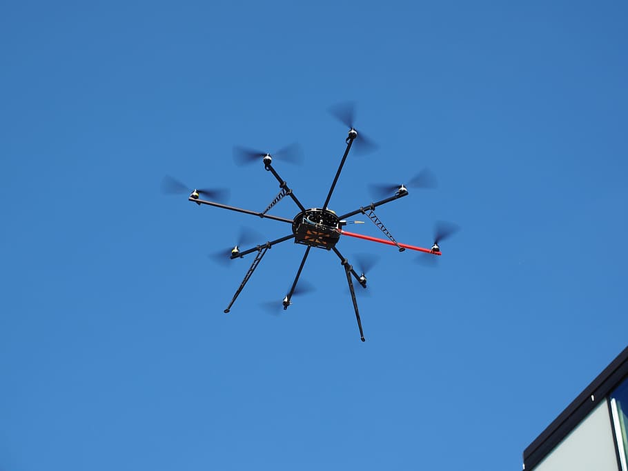 black, red, drone, daytime, Drone, Helicopter, Aircraft, Fly, helicopter, technology, remote control