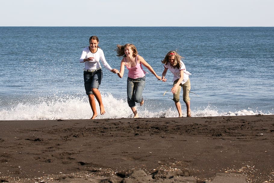 three, girls, running, away, ocean wave, beach, ocean, wave, sky, coast