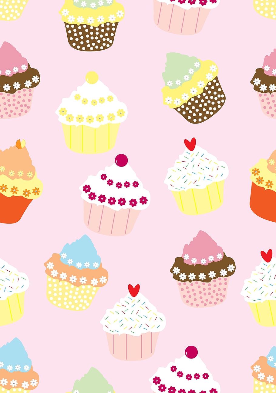 컵 케이크 애니메이션 사진, 컵 케이크, 배경, 종이, 원활한, 귀여운, 디자인, 패턴, 핑크, 케이크