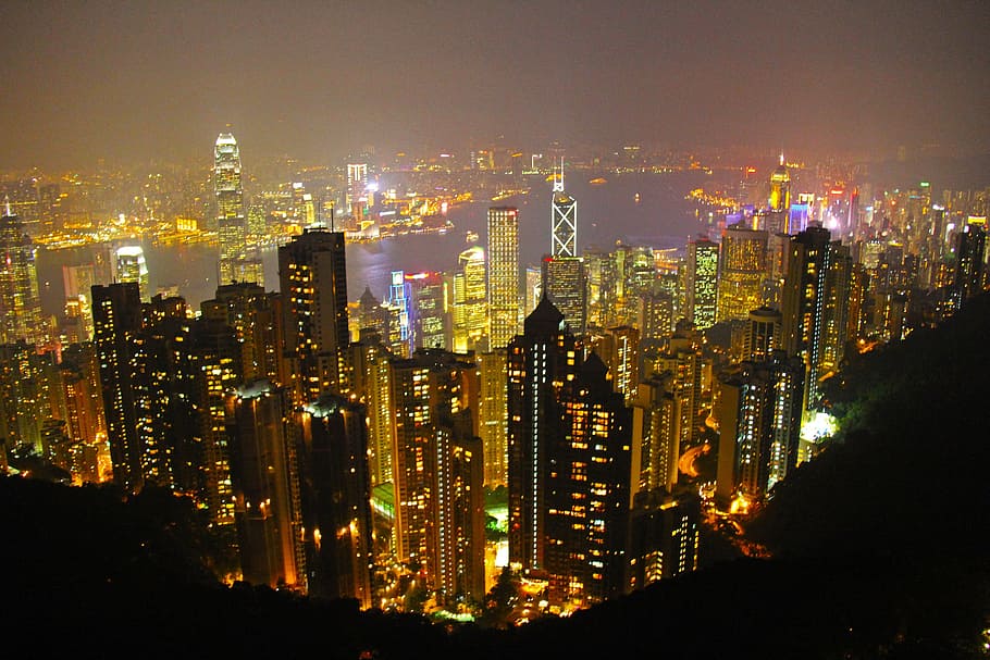 vista de pájaro, alto, edificio de levantamiento, noche, el pico, escénico, romántico, ciudad de Kowloon, belleza, atracción