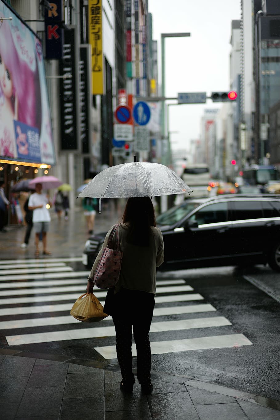 woman, standing, umbrella, pedestrian, lane, car, road screenshot, city, street, intersection