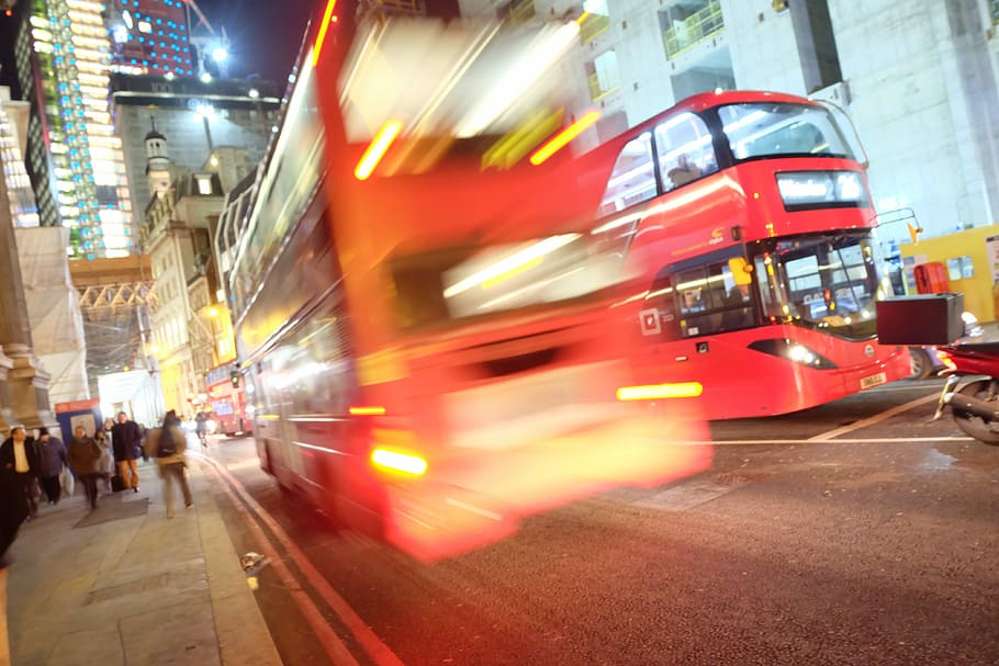 ロンドン, バス, 輸送, 旅行, ぼやけた動き, 都市, 通り, 都市生活, 都市通り, 照明