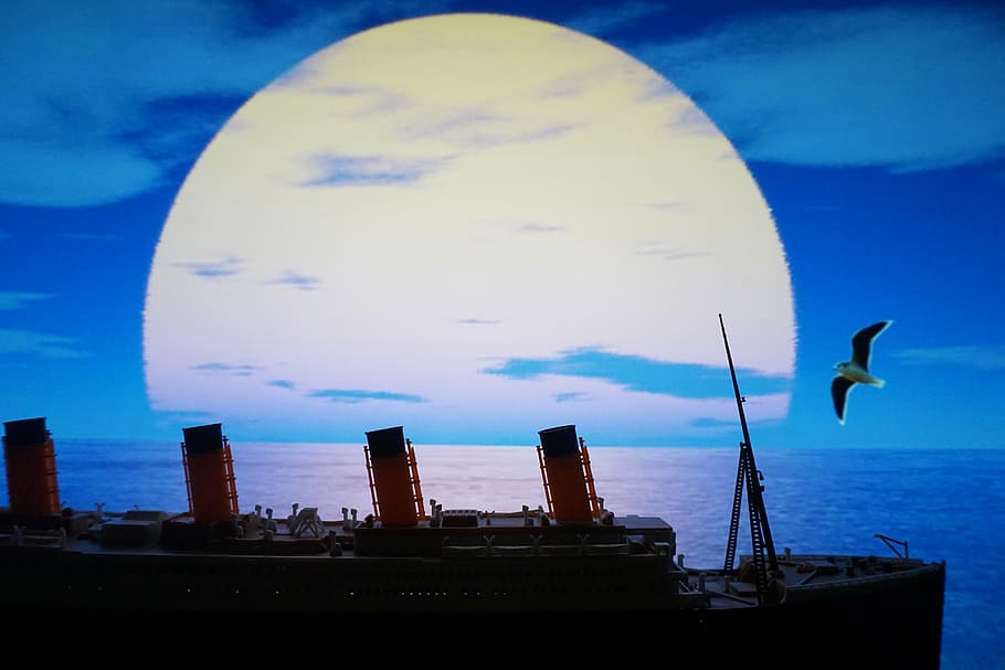 preto, branco, laranja, navio, ilustração da lua, mar, tempos, titânico, gaivota, barco de recreio