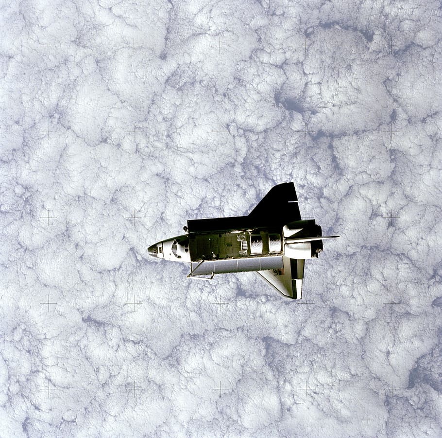 Transbordador espacial, Challenger, Orbiter, retador, nave espacial, nubes, vehículo, órbita, misión, vuelo