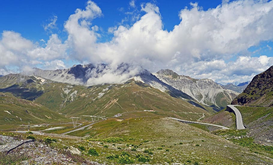 putih, awan, gunung, melewati jalan di pegunungan tinggi, kuk stelvio, umbrail pass, italia, switzerland, dreispracheneck, 2860 meter dari pass