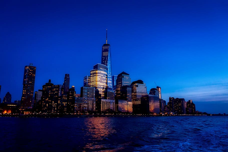 world trade center, sea, new york city, urban, sunset, dusk, bay, harbor, water, skyline