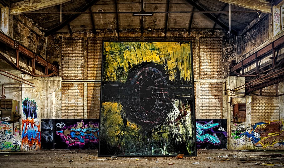 abstract, art, warehouse, the invention of the wheel, first part, lost places, factory building, ruin, lost place, painting