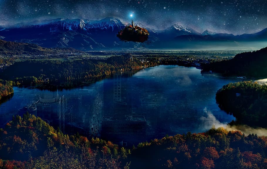 body, water, mountain, starry night, Island, Science Fiction, Scifi, Fantasy, structure, blue