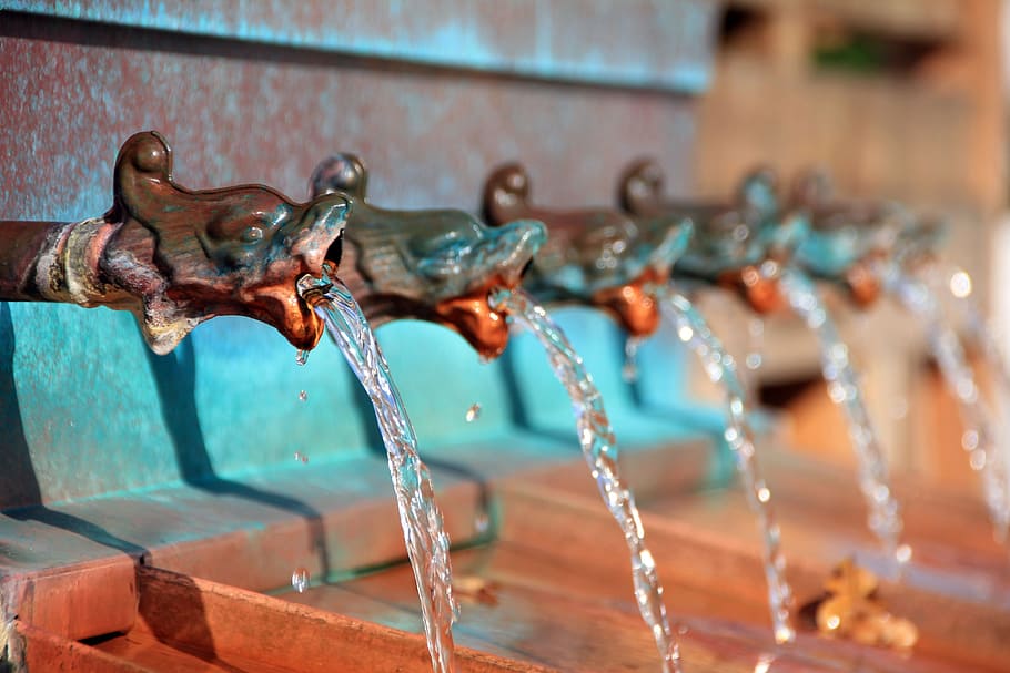 blue, brown, metal water fountain pipes, fountain, water jet, gargoyle, water basin, water, water fountain, bad salzuflen