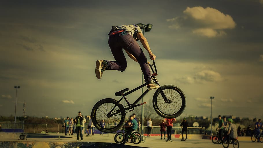 bicicleta, motociclista, esporte, jogo, exibição, pessoas, multidão, homens, ao ar livre, aventura