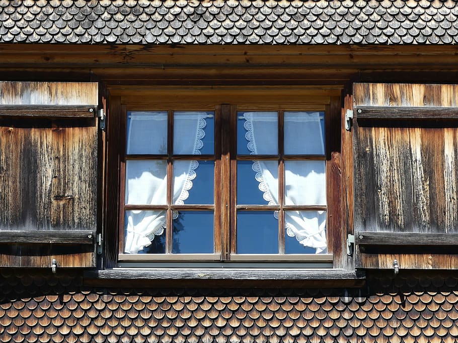 window, window glass, wood, shingle, shutter, curtain, architecture, built structure, building, wood - material