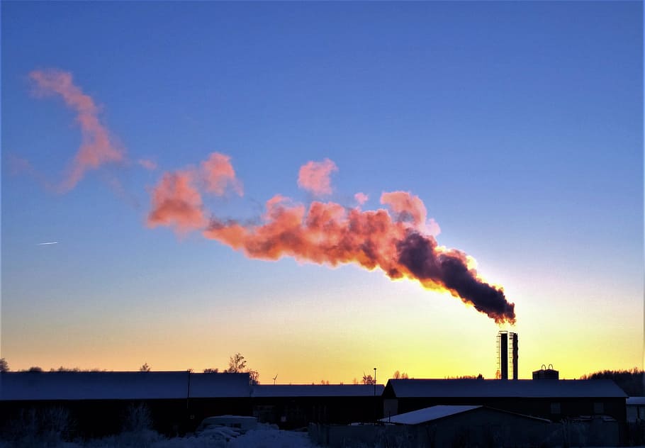 humo, chimenea, escape, puesta de sol, himmel, fábrica, invierno, horizonte, degradación ambiental, magia de invierno