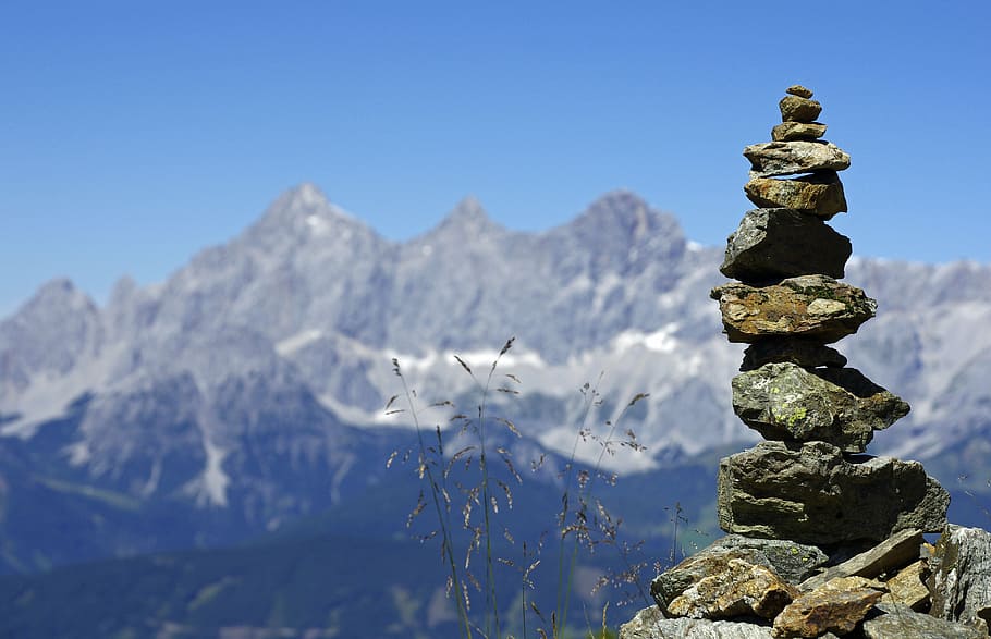 selective, focus photography, balanced, stones, mountains, dachstein, cairns, alpine, blue, panorama