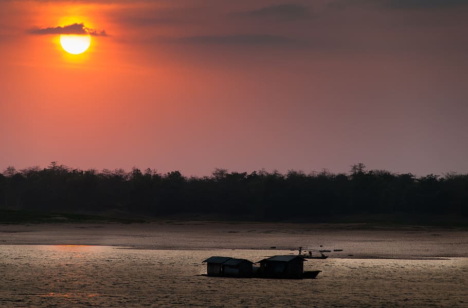 shelter, orange, sky, vietnam, mekong river, river, boot, sunset, nature, dusk