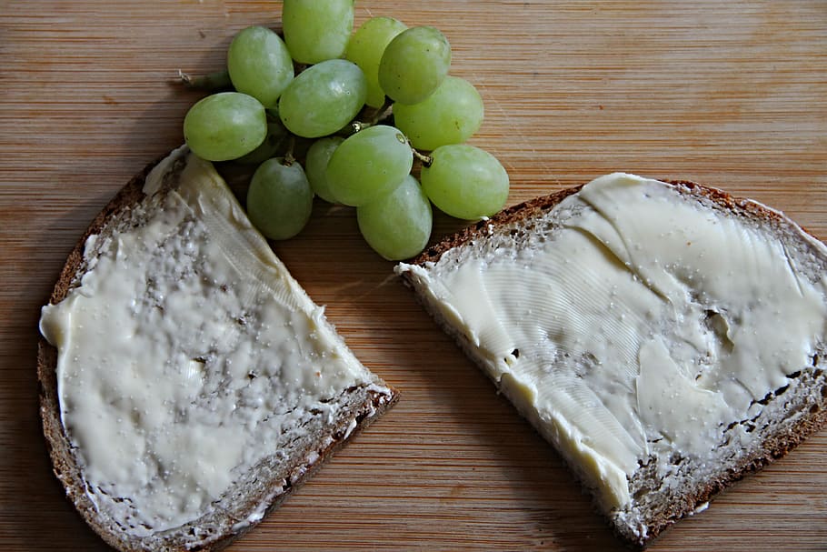 flat, bread, green, grapes, brown, wooden, surface, bread and butter, cuts, slice of bread