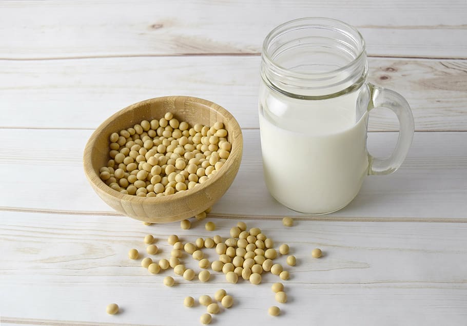milk, filled, clear, glass jar mug, brown, bowl, soy milk, soy, soybean, soy-milk