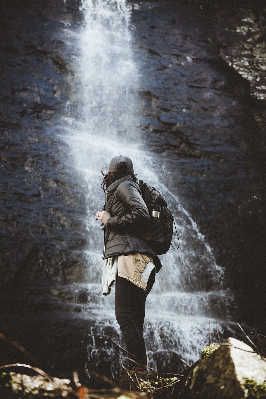 nature, people, woman, back pack, travel, adventure, water, one person, waterfall, motion